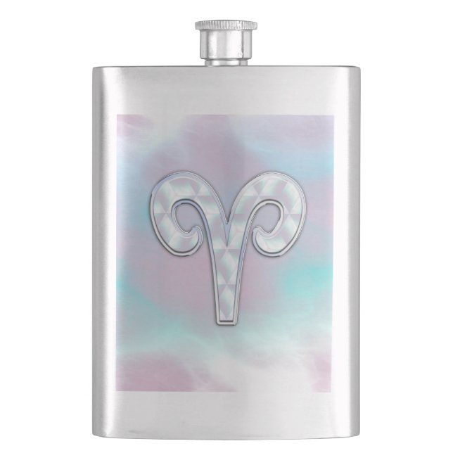 Mother of Pearl Style Aries Symbol Hip Flask (Front)