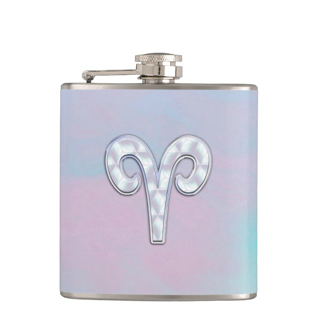 Mother of Pearl Style Aries Symbol Hip Flask (Front)