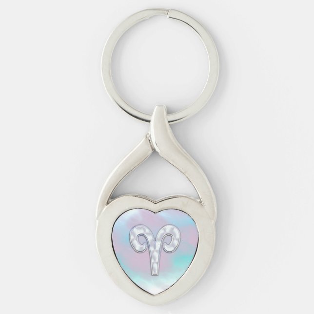 Mother of Pearl Style Aries Symbol Key Ring (Front)