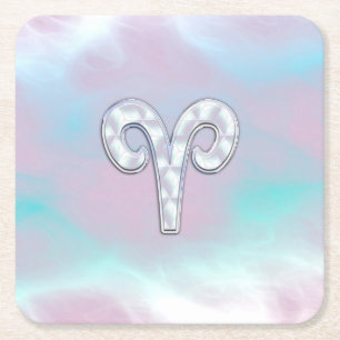 Mother of Pearl Style Aries Zodiac Symbol Square Paper Coaster