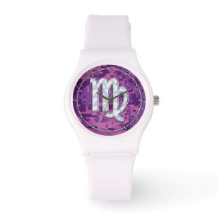Mother of Pearl Virgo Zodiac on Pink Digital Camo Watch