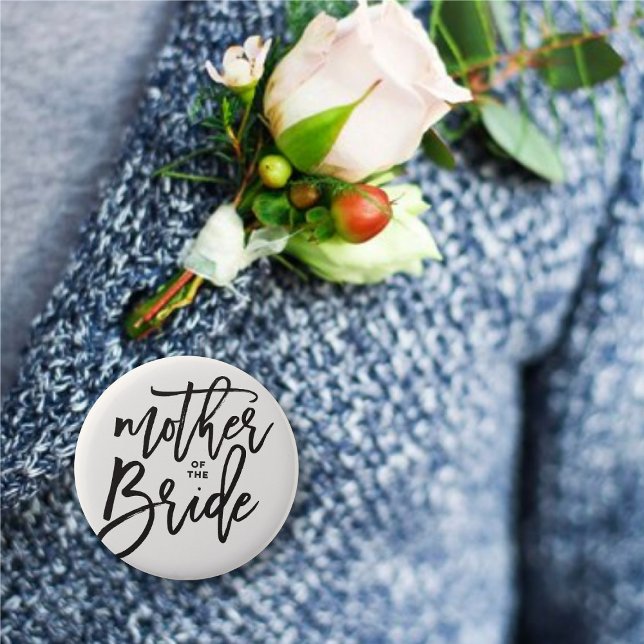 Mother Of The Bride Brush Wedding Bridal Button ('Mother of the Bride' Brush Script Calligraphy Wedding Rehearsal Pin Button @ fatfatin_blue_knot)