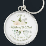Mother of the Bride Chic Ivory Peach Roses Wedding Key Ring<br><div class="desc">This keychain is designed as a gift or favour for the mother of the bride. It features an elegant hand painted watercolor floral design with a bouquet of ivory peach coloured roses, eucalyptus leaves and foliage, with a white banner across the centre reading: Mother of the Bride in fancy moss...</div>
