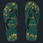 Mother of the Bride Emerald Green & Gold Foliage Jandals<br><div class="desc">These gorgeous Mother of the Bride emerald green and gold foliage flip flops feature golden foliage pattern and modern typography on timeless dark green background. It's a beautiful gift for your bridal party. View the collection on this page to find matching items. ♥Customise it with your information. ♥ If you...</div>