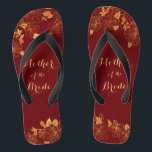 Mother of the Bride Gold Foliage Burgundy  Jandals<br><div class="desc">These gorgeous Mother of the Bride gold foliage burgundy flip flops have a dark burgundy background that is adorned with an intricate gold floral greenery pattern and customisable modern typography. The combination of the rich burgundy and the shimmering gold create an elegant and luxurious aesthetic. It's a beautiful gift for...</div>