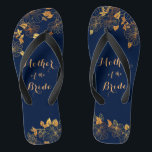 Mother of the Bride Gold Foliage Navy Blue Jandals<br><div class="desc">These gorgeous Mother of the Bride gold foliage navy blue flip flops have a dark blue background that is adorned with an intricate gold floral greenery pattern and customisable modern typography. The combination of the rich navy and the shimmering gold create an elegant and luxurious aesthetic. It's a beautiful gift...</div>