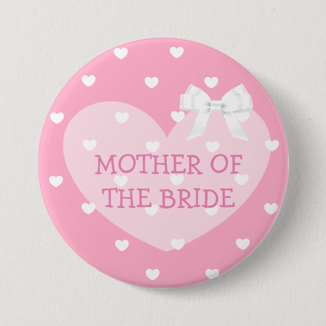 Mother of the Bride Pink Hearts White Bow Button (Front)