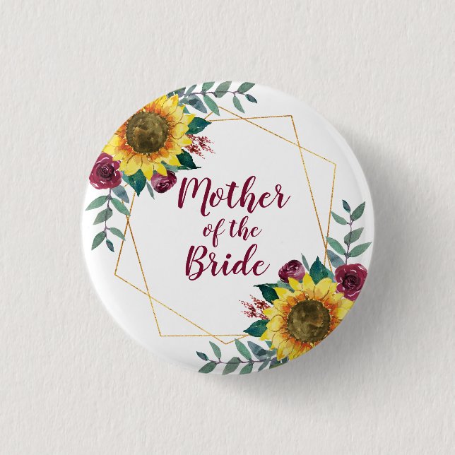 Mother of the Bride Sunflower Geometric Burgundy 3 Cm Round Badge (Front)