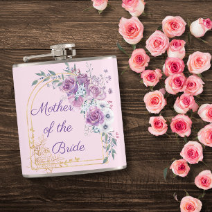 mother of the bride, watercolor pink gold floral hip flask