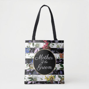 Mother of the Groom Black White Stripes Flowers Tote Bag