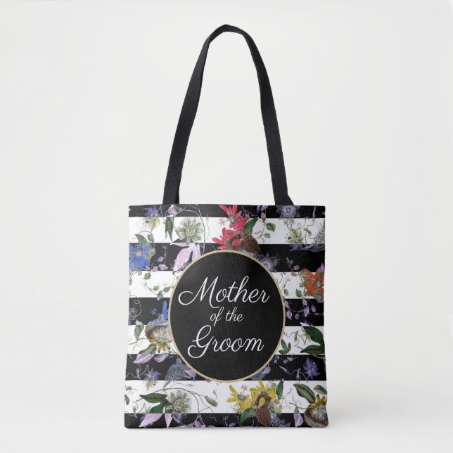 Mother of the Groom Black White Stripes Flowers Tote Bag (Front)
