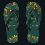Mother of the Groom Emerald Green & Gold Foliage Jandals<br><div class="desc">These gorgeous Mother of the groom emerald green and gold foliage flip flops feature golden foliage pattern and modern typography on timeless dark green background. It's a beautiful gift for your bridal party. View the collection on this page to find matching items. ♥Customise it with your information. ♥ If you...</div>