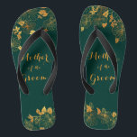 Mother of the Groom Emerald Green & Gold Foliage Jandals<br><div class="desc">These gorgeous Mother of the groom emerald green and gold foliage flip flops feature golden foliage pattern and modern typography on timeless dark green background. It's a beautiful gift for your bridal party. View the collection on this page to find matching items. ♥Customise it with your information. ♥ If you...</div>