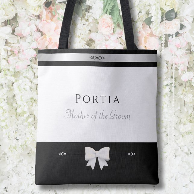 Mother of the Groom Gift | Modern Luxury Tote Bag (Luxury personalized Mother of the Groom gift tote bag on a romantic garden wedding flower wall)