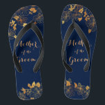 Mother of the Groom Gold Foliage Navy Blue  Jandals<br><div class="desc">The Mother of the Groom Gold Foliage Navy Blue flip flops have a rich navy background that is adorned with an intricate gold floral greenery pattern and customisable modern typography. The combination of the dark navy blue and the shimmering gold create an elegant and luxurious aesthetic. It's a beautiful gift...</div>