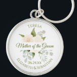 Mother of the Groom Ivory Peach Roses Wedding Key Ring<br><div class="desc">This beautiful keychain is designed as a gift or favour for the mother of the groom. It features a hand painted watercolor floral design with a rustic bouquet of ivory peach coloured roses, eucalyptus leaves and foliage, with a white banner across the centre reading: Mother of the Groom in fancy...</div>