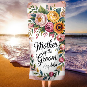 Mother of the Groom Pink Stripes Floral Wedding Beach Towel