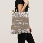 Mother of the Groom Rustic Lace Burlap Custom Tote Bag<br><div class="desc">The Mother of the Groom will love this beautiful personalised tote bag featuring a rustic lace border set against a faux burlap background. Add the Mother of the Groom's name and custom text to personalise. Perfect for carrying wedding essentials like make-up, shoes, clothing and more. Works well for rustic or...</div>