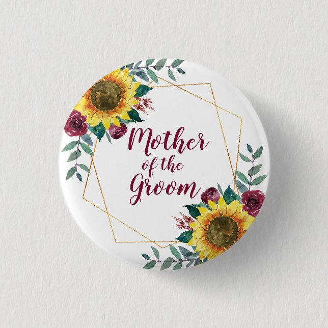 Mother of the Groom Sunflower Geometric Burgundy 3 Cm Round Badge (Front)