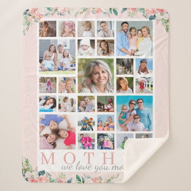 MOTHER Photo Collage Floral Blush Pink Sherpa Blanket (Front)