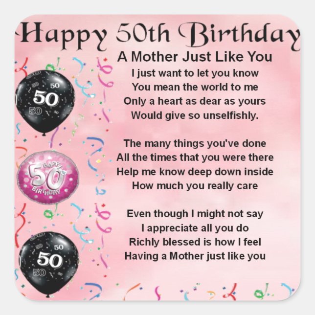Mother Poem  -  50th Birthday Square Sticker (Front)
