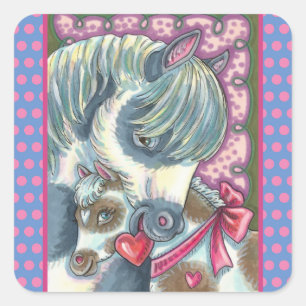 MOTHER PONY & HER CUTE VALENTINE FILLY, HORSE SQUARE STICKER