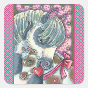 MOTHER PONY & HER CUTE VALENTINE FILLY, HORSE SQUARE STICKER