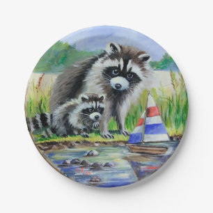 Mother Racoon, Baby and Toy Boat Paper Plate