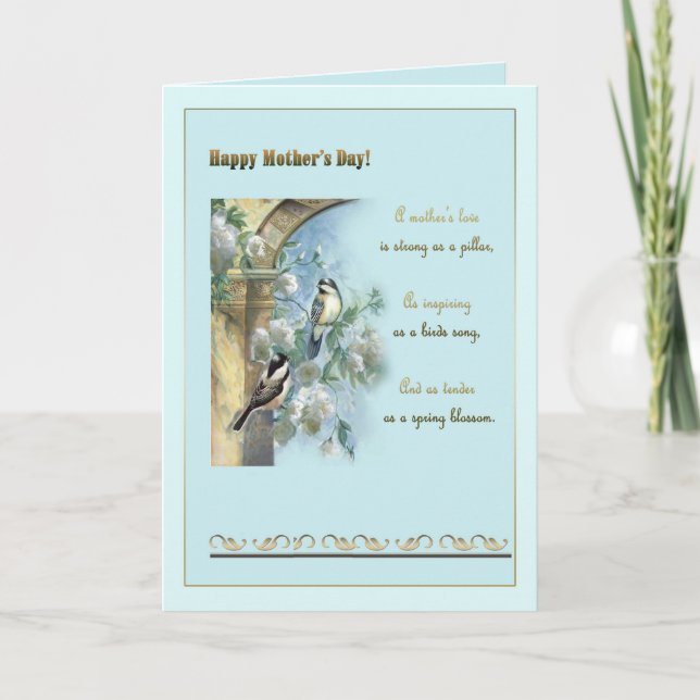 Mother"s day, antique pillar, roses and chickadees card (Front)