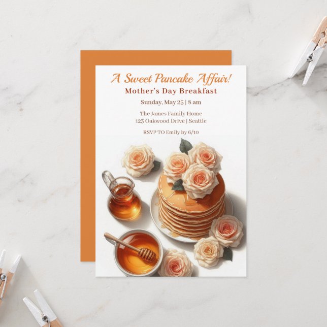 Mother’s Day Breakfast Invitation - Pancakes Roses (Front/Back In Situ)