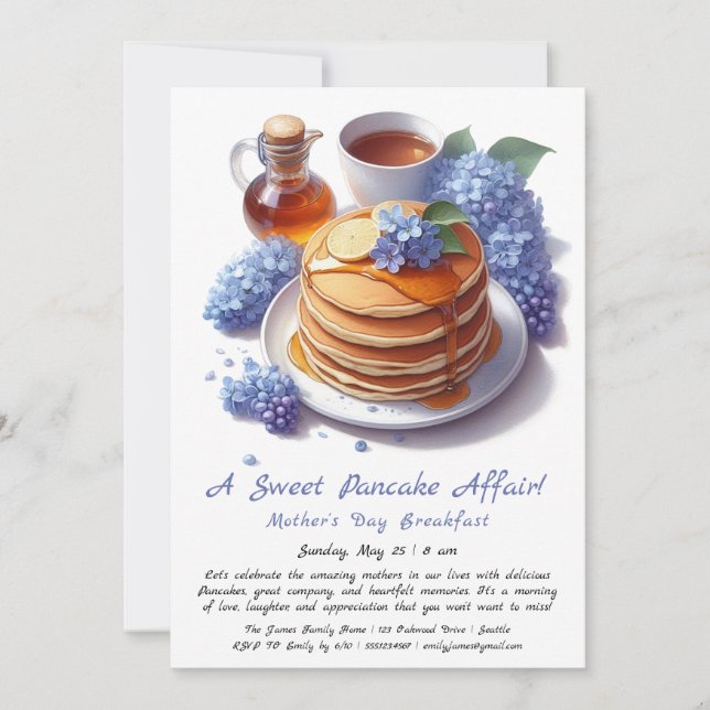 Mother’s Day Breakfast – Pancakes & lilac Invitation (Front)