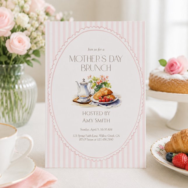 Mother’s Day Brunch Pink Stripes Breakfast Invitation (Creator Uploaded)