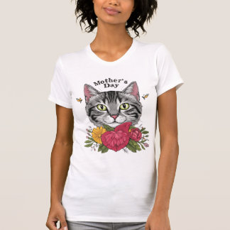 Mother’s Day Cat Design – Tabby Cat with Flowers T-Shirt