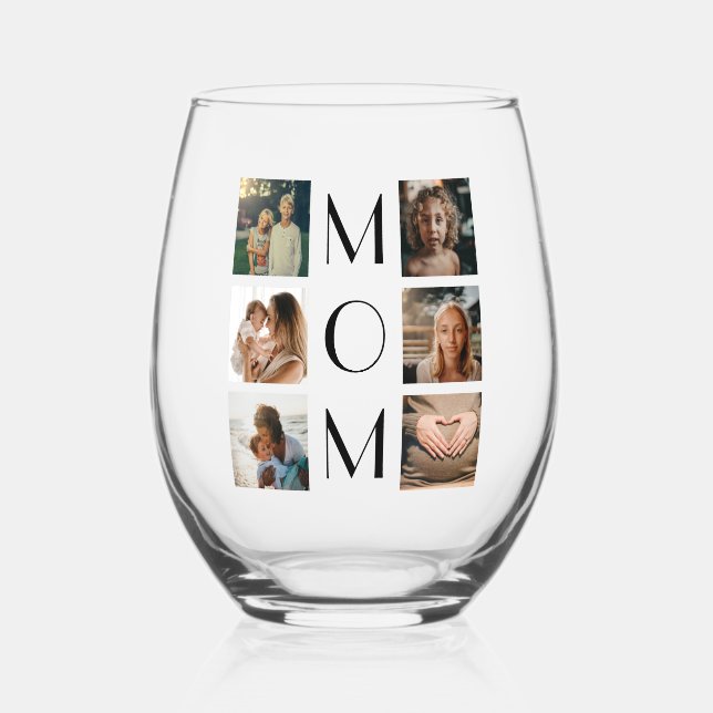 Mother’s Day Mum Family Child 6 Photo Collage Stemless Wine Glass (Front)