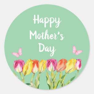 Mother’s Day watercolor Tulips butterflies green  Classic Round Sticker