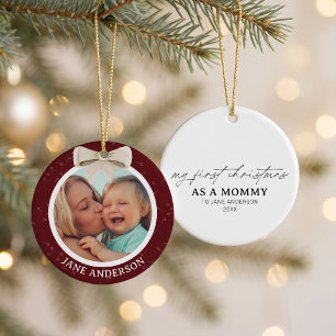 Mother’s First Christmas Photo White Bow CherryRed Ceramic Tree Decoration