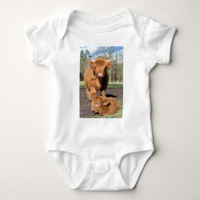 Mother scottish highlander cow near newborn calf baby bodysuit (Front)