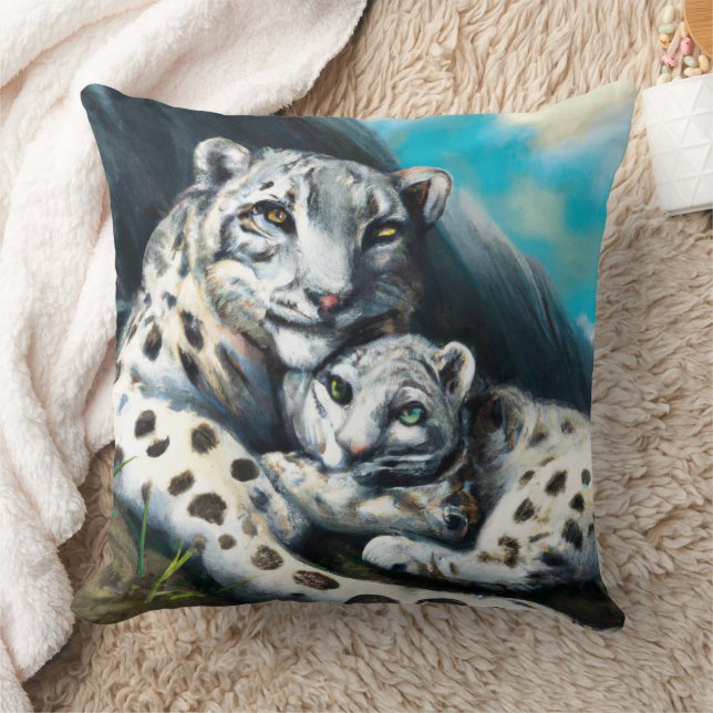 Mother Snow Leopard and Cub in the Mountains Cushion (Blanket)
