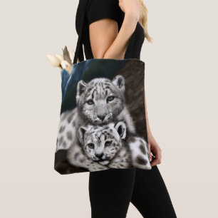 Mother Snow Leopard and Cub in the Mountains Tote Bag