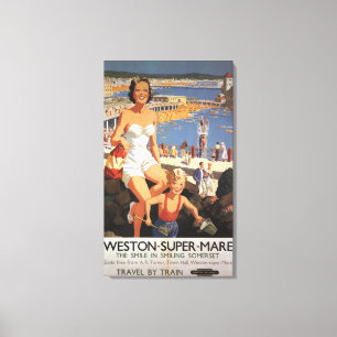 Mother & Son on Beach Railway Poster Canvas Print