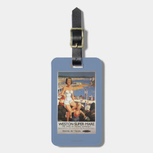 Mother & Son on Beach Railway Poster Luggage Tag