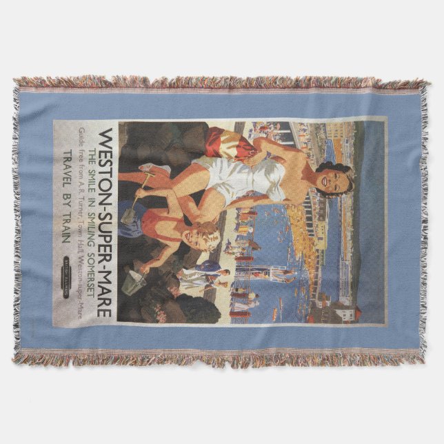 Mother & Son on Beach Railway Poster Throw Blanket (Front)