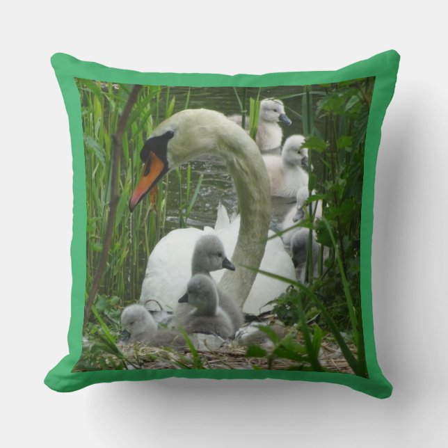 Mother Swan with Baby Birds Throw Pillow (Front)