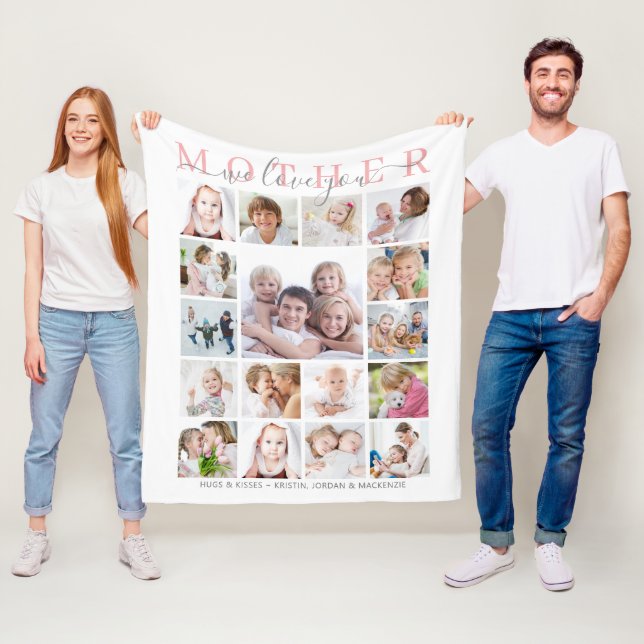 Mother We Love You 17 Photo Script Personalised Fleece Blanket (In Situ)