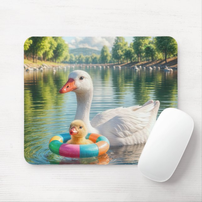 Mother White Duck With Duckling Mouse Pad (With Mouse)