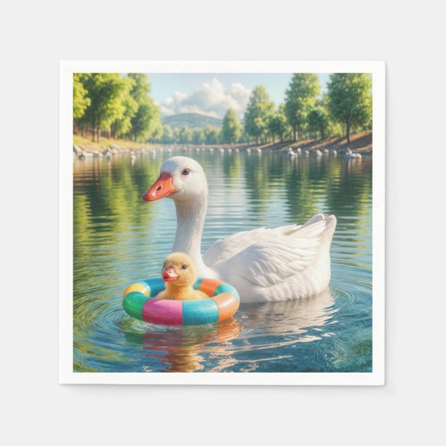Mother White Duck With Duckling Napkin (Front)