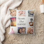 Mother white photo collage cushion<br><div class="desc">A gift for your mother celebrating her life with a collage of 8 photos.  Black text: World's Best MOM. Use photo of her,  children,  husband,  pets,  friends,  her dream travel destination. White background. Perfect as a Mother's Day gift or for birthdays and Christmas.</div>