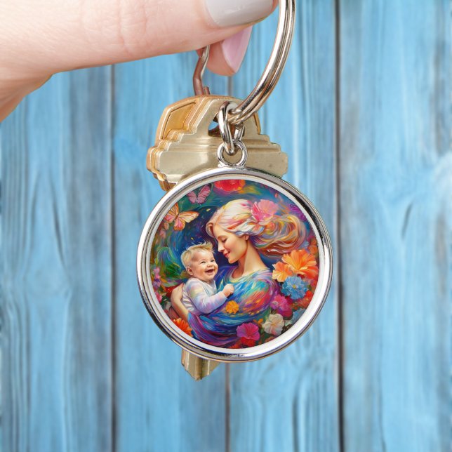 Mother with Baby Boy Colourful Painting Key Ring (Creator Uploaded)