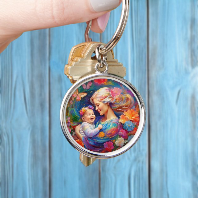 Mother with Baby Girl Colourful Painting Key Ring (Creator Uploaded)