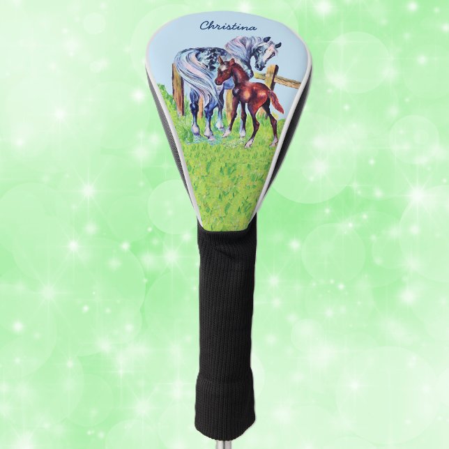 Mother With Brown Baby Horses Wooden Fence Grass Golf Head Cover (Mother and baby horse in grassy field by fence under blue sky on golf club cover.)